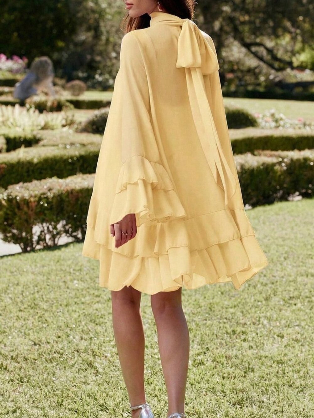 Yellow Elegant Women's Layered Stand Collar Long Sleeve Dress